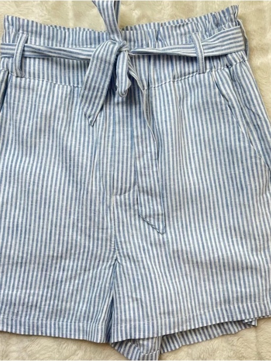 Pants - Striped Paperbag Waist Shorts - Light Blue & White